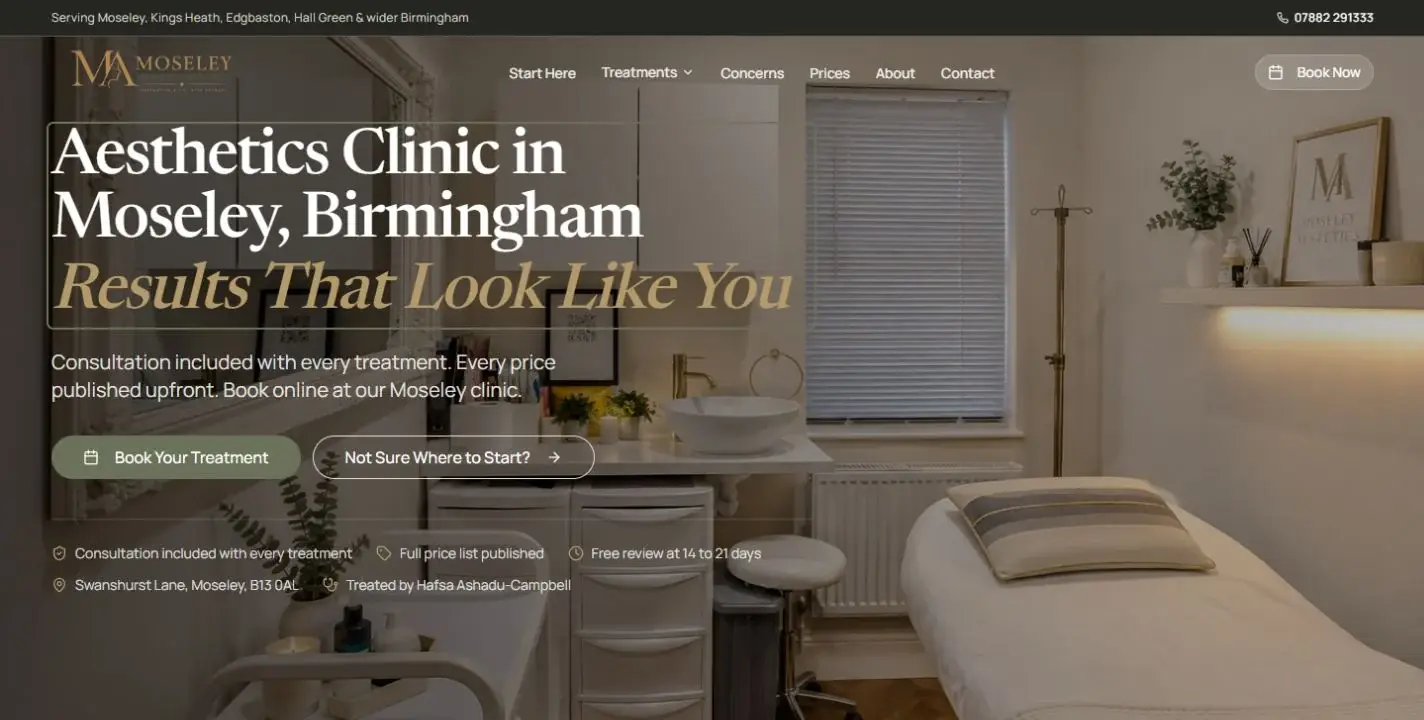 Moseley Aesthetics homepage, desktop