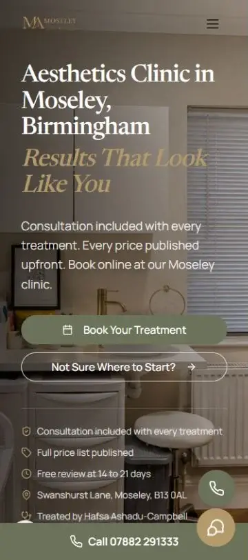 Moseley Aesthetics homepage on a phone