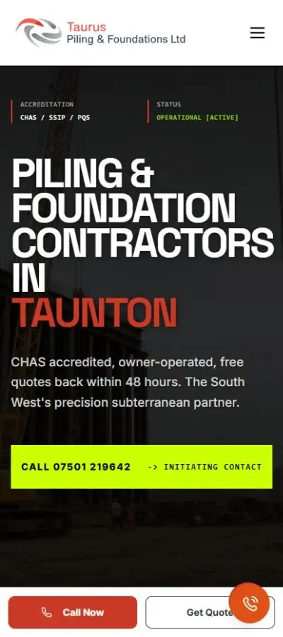 Taurus mobile homepage with prominent call and quote buttons
