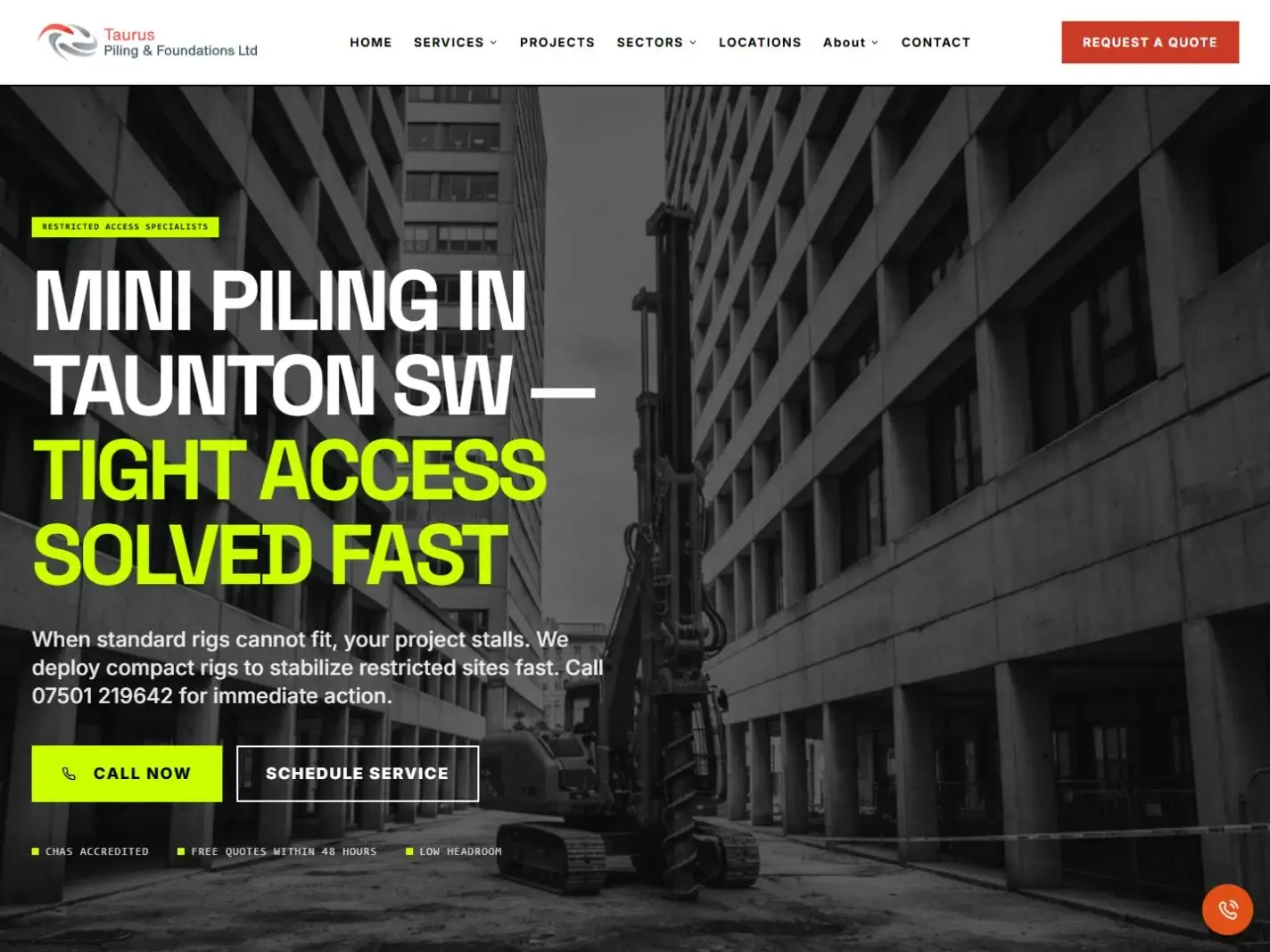 Taurus mini piling service page explaining restricted-access foundations