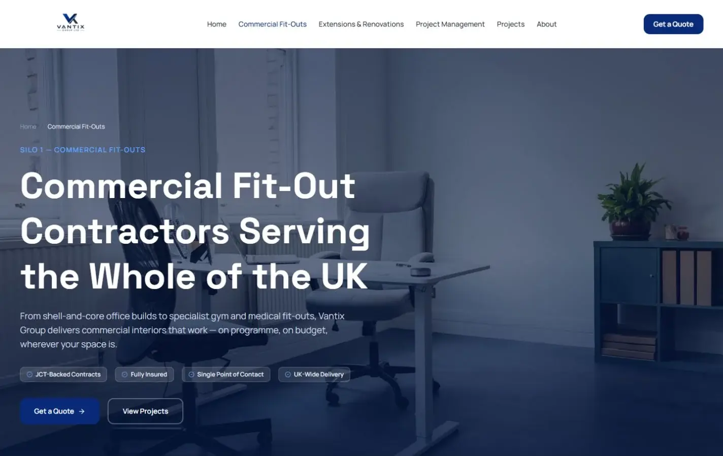 Vantix commercial fit-out service page showing its offer and enquiry buttons