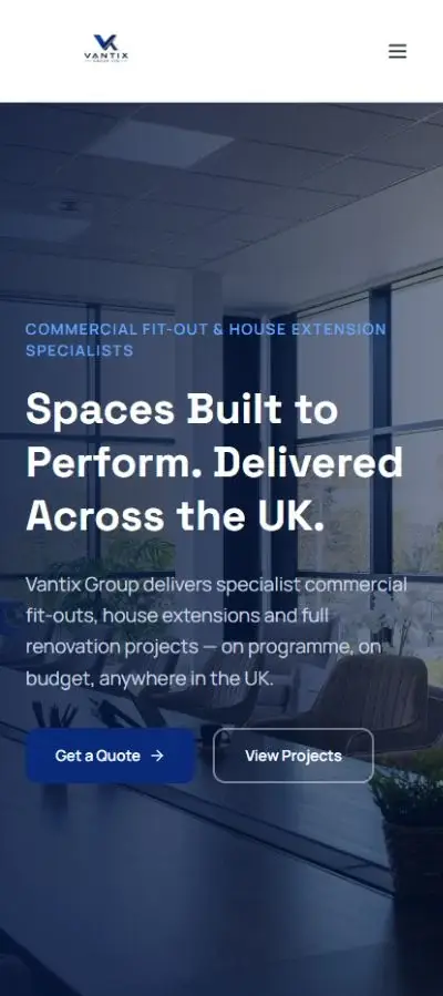 Vantix mobile homepage with quote and project navigation
