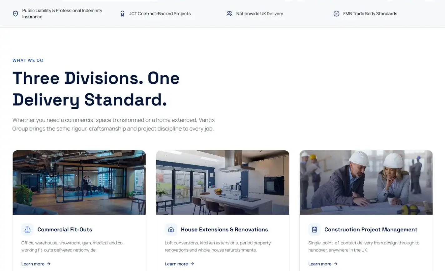 Vantix homepage trust information and its three service divisions