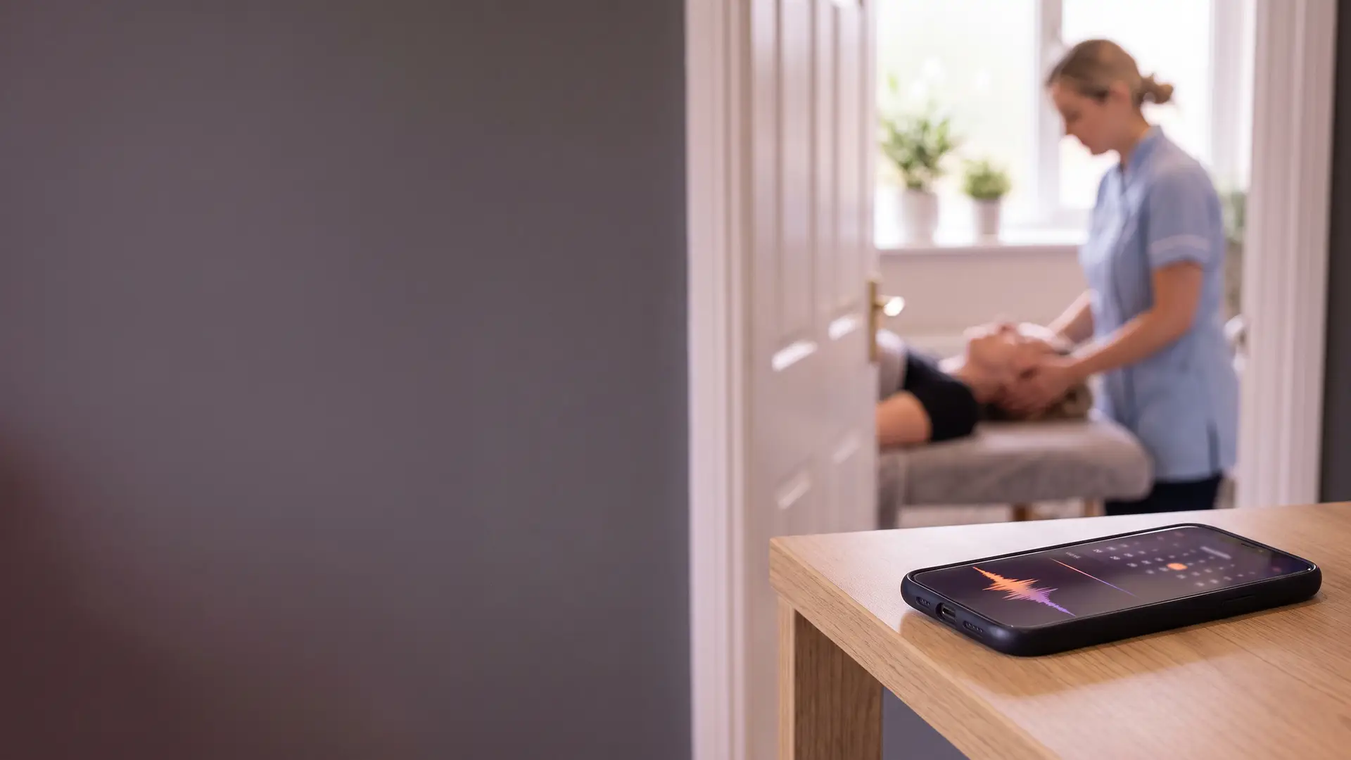 Therapist with a client while calls are handled