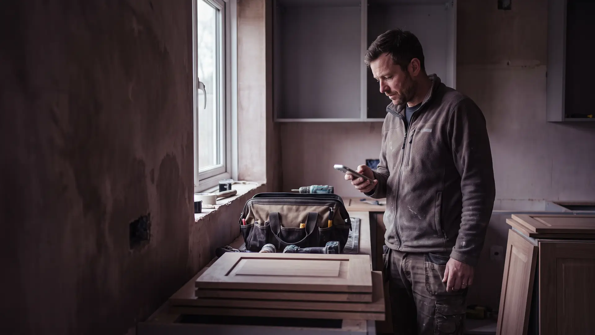 Kitchen fitter checking a follow-up message on site